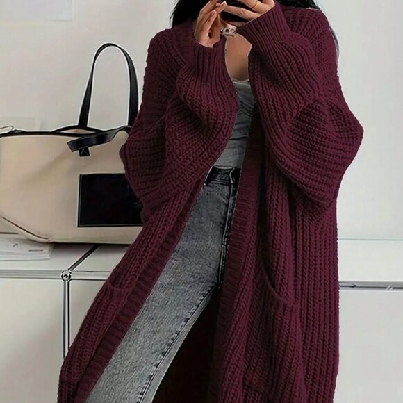 Sweaters - Burgundy Casual Women's Open Front Loose Knit Cardigan